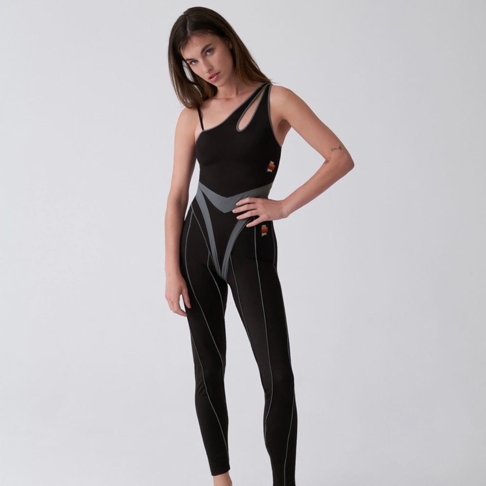 Zara Black Asymmetric Cutout Bodysuit with Gray Accents